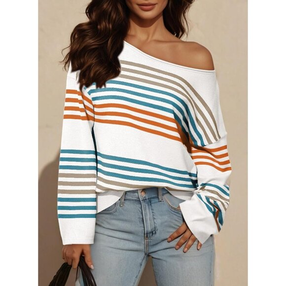 Womens Striped Casual Sweater Knit Pullover Fall Cozy Oversized Top Small - Picture 2 of 5